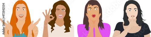 Rostros de mujeres diferentes. Gestos. Fondo transparente	