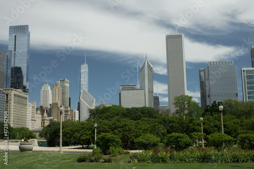 Street photo in Chicago with clear skies and buildings