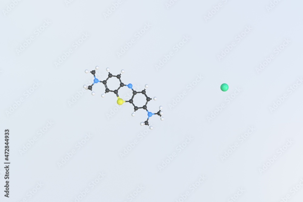 Methylene blue molecule made with balls, scientific molecular model. 3D