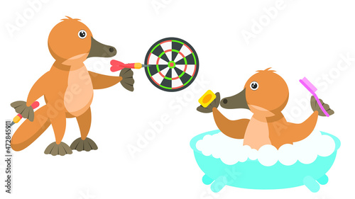 Set Abstract Collection Flat Cartoon 
Different Animal Platypus Duckbill Playing Darts, Washes In The Bath Vector Design Style Elements Fauna Wildlife