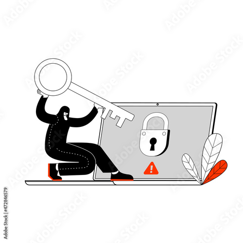 The hacker opens a virtual lock on the laptop. The concept of a vector illustration on the topic of hacking laptop and hacker attacks.