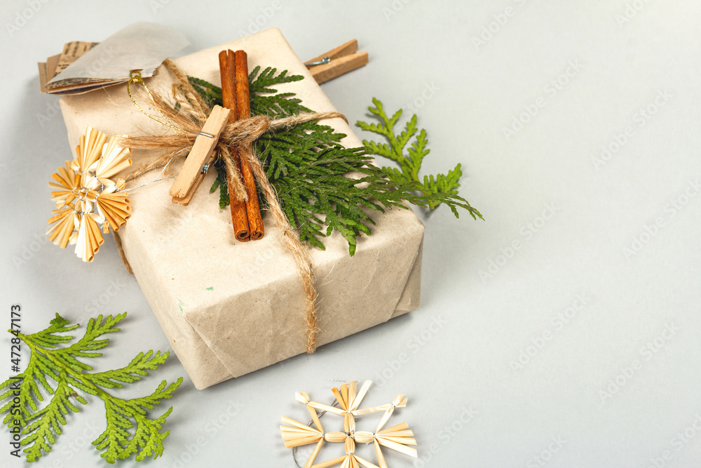 Zero waste gift concept. Christmas or New Year eco-friendly packaging. Festive boxes in craft paper