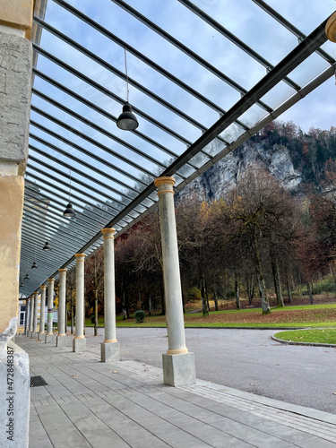 Pfoertnerhaus, cultural venue in Feldkirch, with Stadtschrofen in the background. Vorarlberg, Austria.