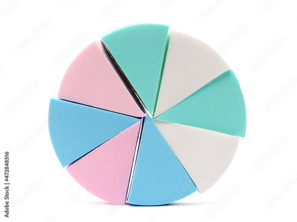 Fototapeta premium Beauty blender pile, colorful cosmetic makeup applicator sponge set isolated on white background