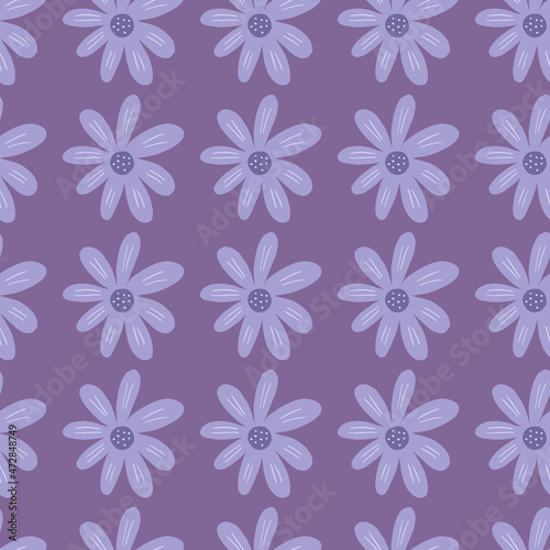 Geometric ditsy seamless pattern on lilac background. Cute chamomile print.