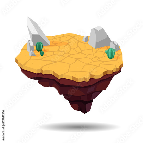 The island is floating in the air. Background with desert, cactuses and stones. Flat illustration isolated on white background.