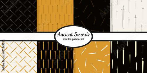 Collection of seamless patterns with ancient swords designed for web, fabric, paper and all prints 