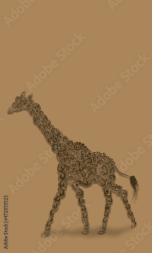 Dark Brown Decorative Filigree Scroll-work Giraffe on beige Background