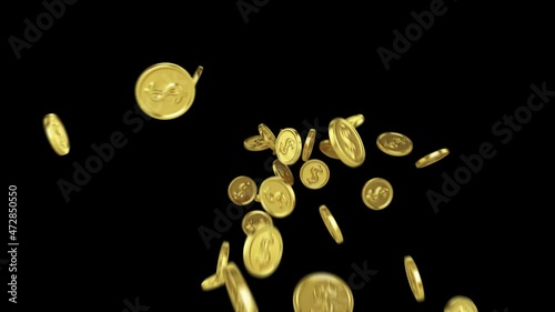 Fountain of gold coins with dollar sign on transparent background. 3D Animation ProRes 4444. Use it in presentation, trailers, personal videos. photo