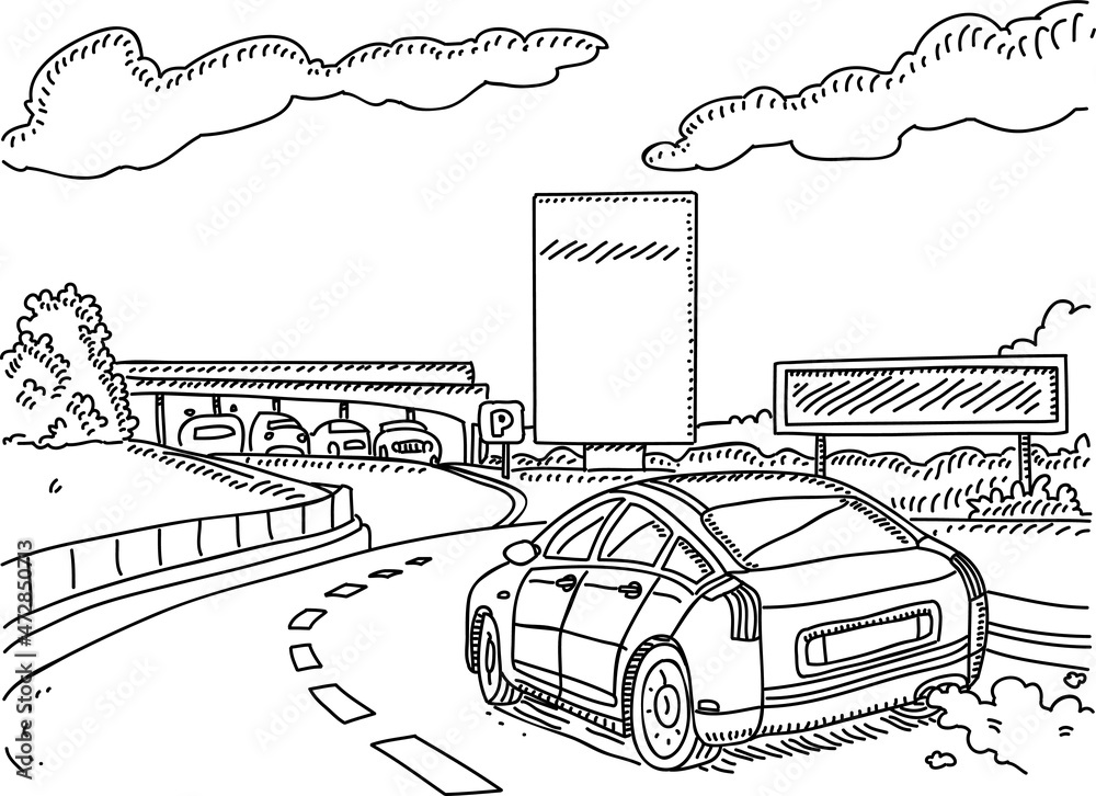Car on the highway. Sketchy vector hand-drawn illustration.
