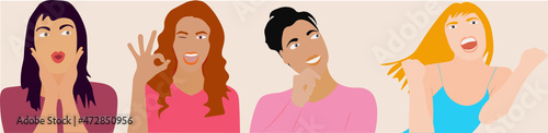 Rostros de mujeres diferentes. Gestos. Sorpresa, guiñar, ok, pensando, exclamación. Fondo rosa