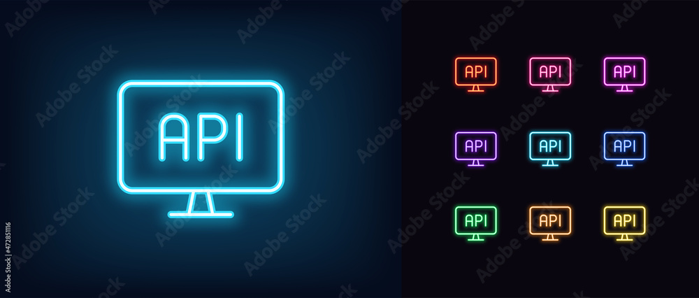 Outline neon API icon. Glowing neon computer with API sign, development interface pictogram Outline neon API icon. Glowing neon computer with API sign, development interface pictogram