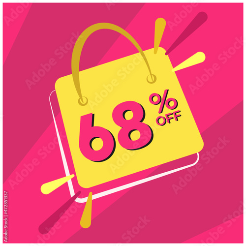 68 percent discount. Pink banner with floating bag for promotions and offers