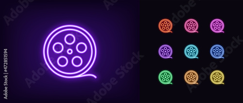 Outline neon film reel icon. Glowing neon movie strip, cinema tape pictogram in vivid colors