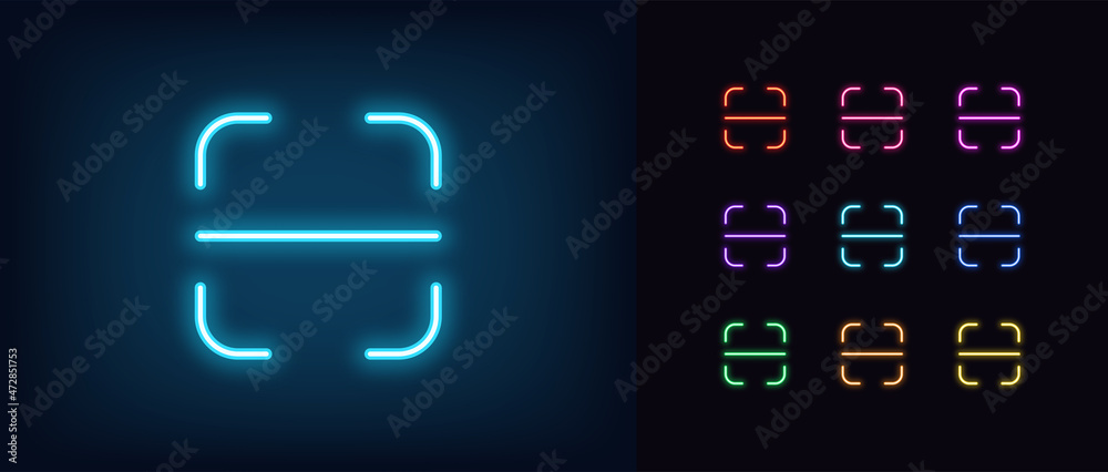 Outline neon scan icon. Glowing neon, universal scanner template, recognition system pictogram