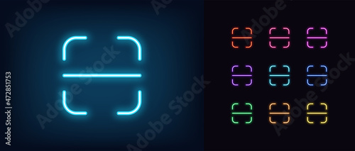 Outline neon scan icon. Glowing neon, universal scanner template, recognition system pictogram photo