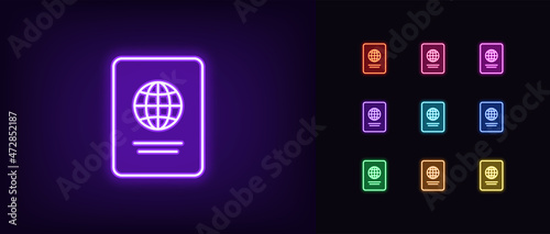 Outline neon passport icon. Glowing neon passport sign, identity card in vivid colors
