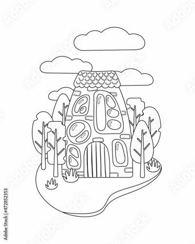 Coloring book of flat art nouveau house. House with unusual windows. Landscape with trees and clouds. Coloring book for school children with easy educational game level. EPS 10