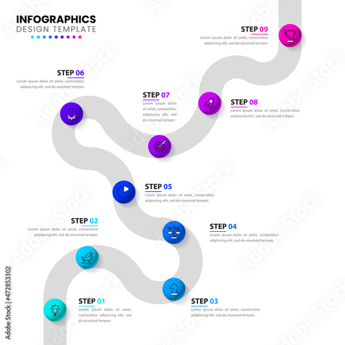 Timeline concept with marbles. Infographic design with 9 steps. Vector