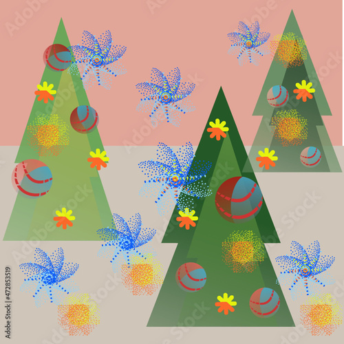 New Year's illustration. Three elegant Christmas trees in the forest against the background of snow and falling snowflakes. Greeting card.
