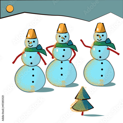 New Year card. Three snowmen on a winter night near a small festive Christmas tree. Children's illustration.