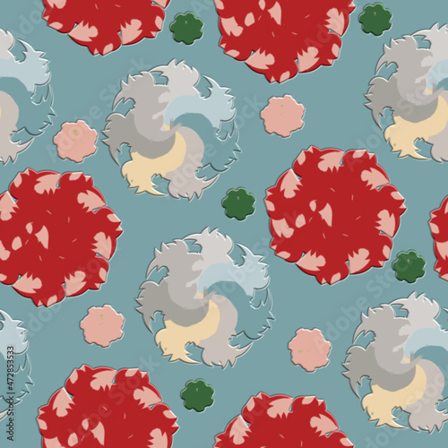 Abstract sweets on a blue background for festive packaging. Seamless pattern of textural elements of red and yellow shades on a contrasting background for fabric.