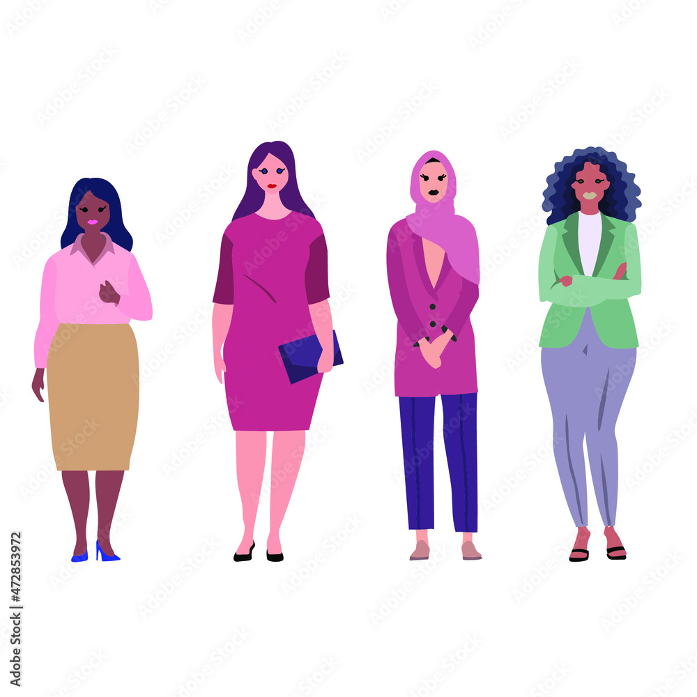 Business women collection. Vector illustration of diverse multinational standing cartoon women in office outfits. Isolated on white. Business women collection. Vector illustration of diverse multinational standing cartoon women in office outfits. Isolated on white.