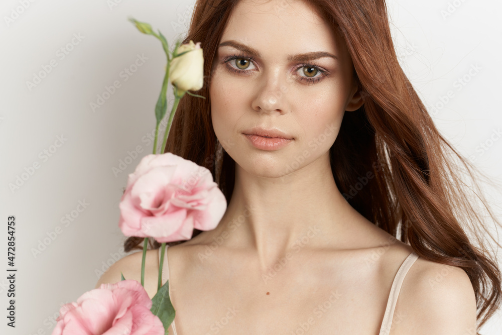 attractive woman flowers in hands posing charm lifestyle glamor attractive woman flowers in hands posing charm lifestyle glamor