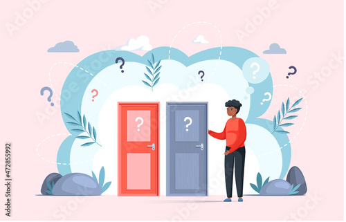 Making confusion. Doubts person surrounded by question marks. Questions dilemma situations. Asking questions. Confused people. Making choice. Being confused. Thinking or make decision. Solving problem