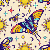Vintage esoteric celestial seamless pattern with butterfly, crescent moon, sun. Sky magic background for fabric, wallpaper, packaging, astrology, phone case, wrapping paper.