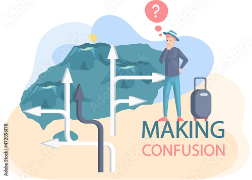 Making confusion choice of path. Man thought about solution to problem choose options person concept. Career, life and question decision. Person traveler with bag thinks hesitates to make ones choice