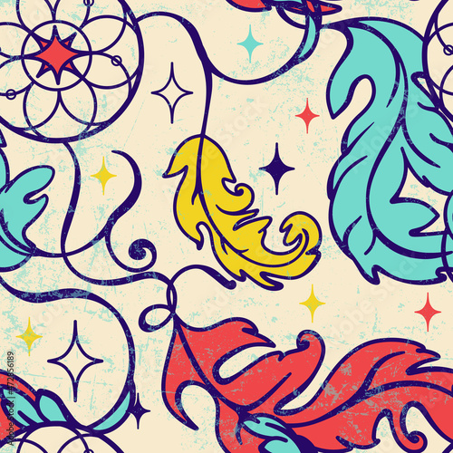 Vintage floral seamless pattern with magic dreamcatcher talisman, dream catcher with mandala round pattern, feathers, moon. Vector hipster boho botanical illustration, retro tribal symbol.