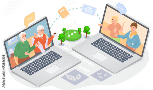 People communicate with family online. Virtual meeting or video communication on laptop screen. Chatting with relatives by online videochat, videoconferencing using green technology, family pastime