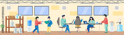 Group of people have conversation and drink water, office cooler chat. Businessmen and businesswomen discuss social network and news. Business people drink filtered water during discussion on meeting