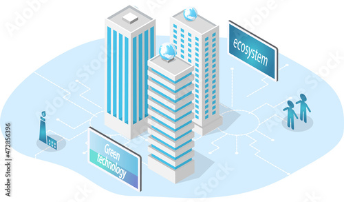 Innovative green technology, green eco smart system for environmental sustainability. Construction of modern industrial buildings, urban cityscape. Skyscrapers, models of tall buildings in new city