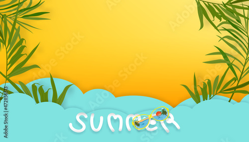 Flat lay of green coconut palm branches over yellow background with paper cut and craft tropical beach with copy space. Top view backdrop with wide composition concept for Summer vacation  Travel