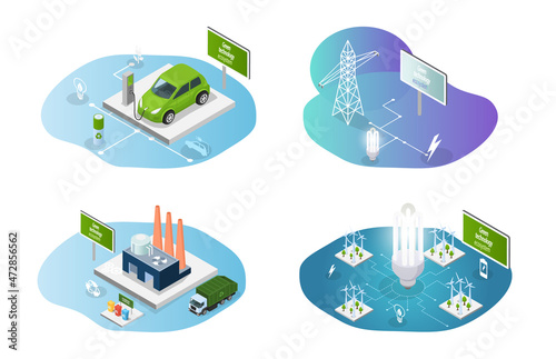 Renewable alternative energy producing. Ecological consumption for electricity production. Nature friendly and clean fuel substitute. Generating electricity using green technologies illustrations set