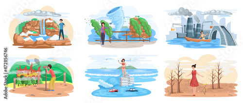 Climate change. Flat global warming tiny persons concept. Nature environment danger. Temperature rising and animal extinction, climate change and danger for ecology. Natural disasters cataclysms