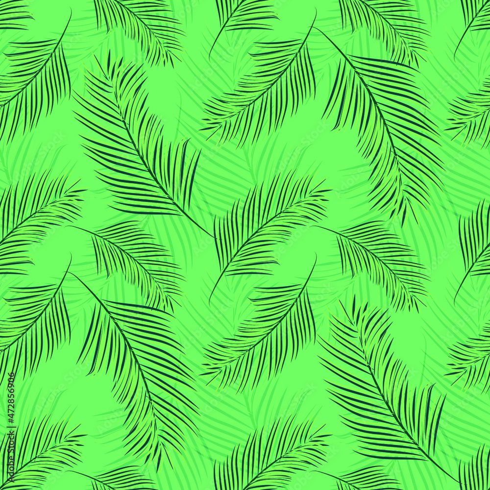 Seamless pattern with palm leaves in green colors. Exotic design. Hawaiian print. Jungle plants. Summer vector illustration