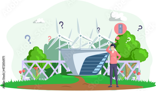Making confusion choice of path. Man thought about solution to problem about green energy production. Life and question decision. Person doubts, makes difficult choice on preservation of pure nature