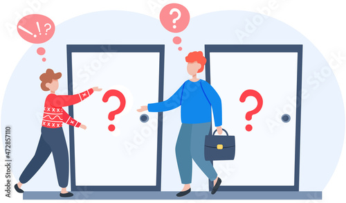 Young schoolboy lost way stands in school hallway and does not know which door to enter, asks teacher for way to class. Confused boy standing near door with question mark, asks woman for an answer