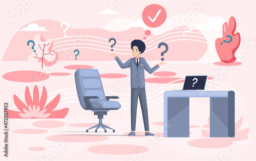 Businessman making confusion looking at question mark. Worried man thinking about problem at work, doing difficult choice, deep in thought. Person doubts making an important decision, choose solution