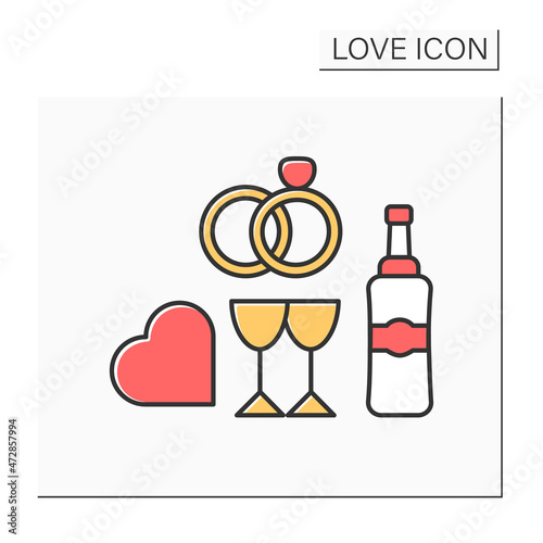 Wedding color icon. Wedding ceremony for beloved couple. Romantic dinner with champagne. Crossed rings. Love concept. Isolated vector illustration