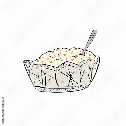 Vector illustration of Russian salad. Image of russian traditional new year s dish Olivier salad.