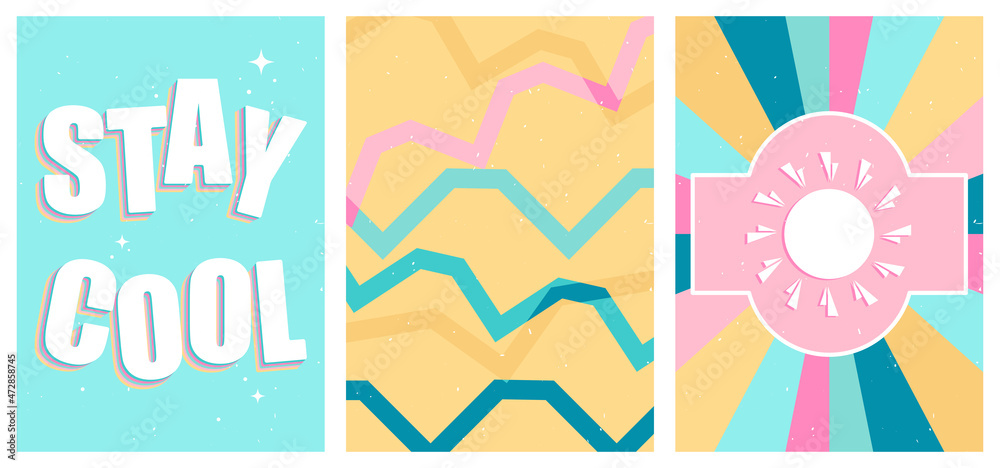 A set of three bright aesthetic posters. Minimalistic posters with positive phrases for social media, cover design, web. Vintage illustrations with rainbow, sun, geometric shapes, dots, lines.