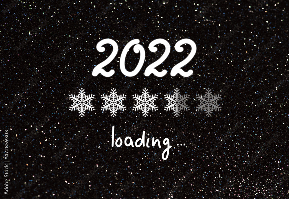 New Year 2022 concept with loading bar in snowflakes form showing progress on dark black glittering shining background and inscription, Christmas holiday design in minimalistic style.