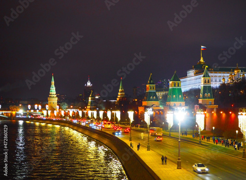 view from the bridge to the Kremlin, Moscow river and Moscow City. Panorama at night, Moscow, Russia
