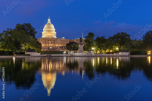 US Capitol Building at blue hour with reflection in the pool in Washington DC