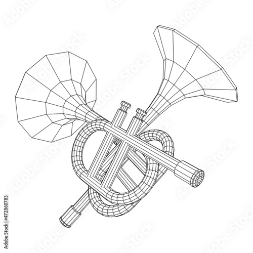 Trumpet pipe fife musiacal instrument. Wireframe low poly mesh vector illustration. photo