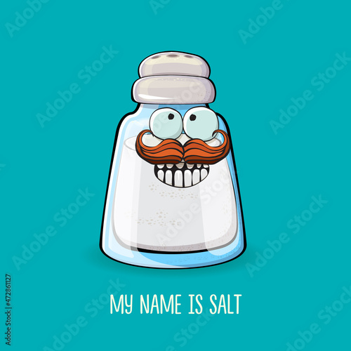 Cute cartoon salt shaker with smiling faces isolated on turquoise background. Funky Kawaii salt character. My name is salt concept illustration for printing on tee